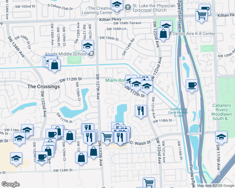 map of restaurants, bars, coffee shops, grocery stores, and more near 12345 Southwest 114th Terrace in Miami