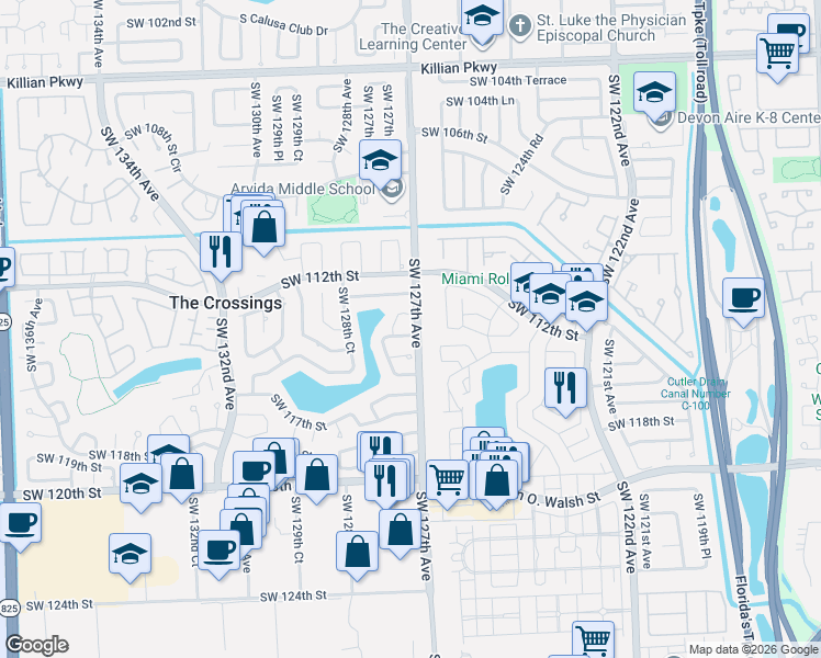 map of restaurants, bars, coffee shops, grocery stores, and more near 12705 SW 114th Terrace in Miami