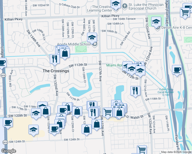 map of restaurants, bars, coffee shops, grocery stores, and more near 35 Southwest 114th Terrace in Miami