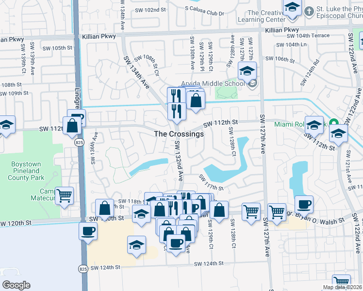 map of restaurants, bars, coffee shops, grocery stores, and more near 13252 Southwest 113th Terrace in Miami