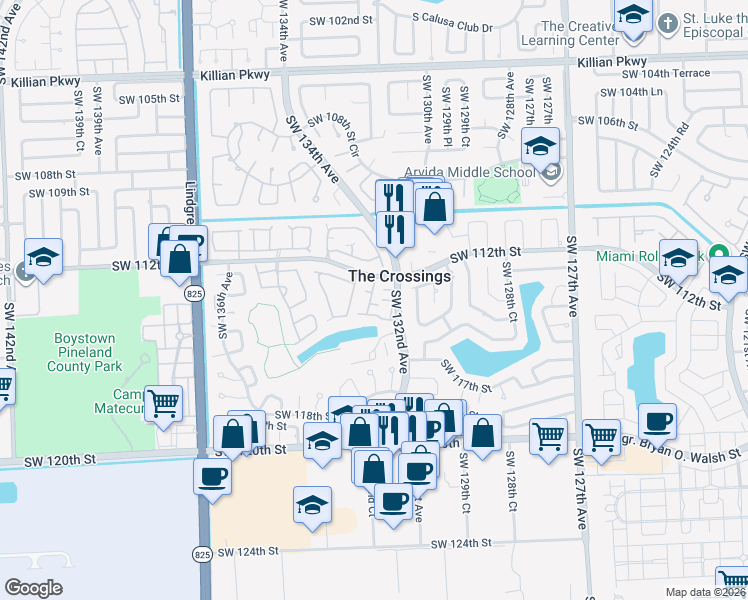 map of restaurants, bars, coffee shops, grocery stores, and more near 11248 Southwest 132nd Court West in Miami