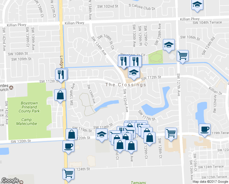 map of restaurants, bars, coffee shops, grocery stores, and more near 11248 Southwest 132nd Court West in Miami
