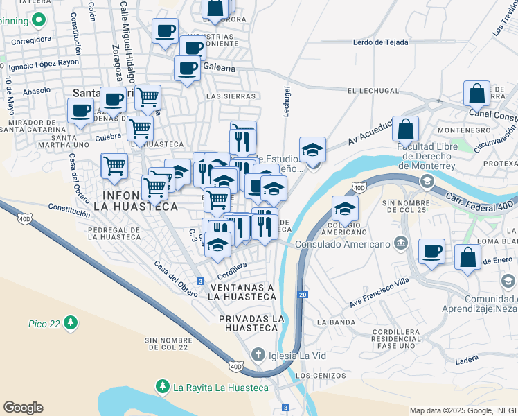map of restaurants, bars, coffee shops, grocery stores, and more near Batallones Rojos in Santa Catarina