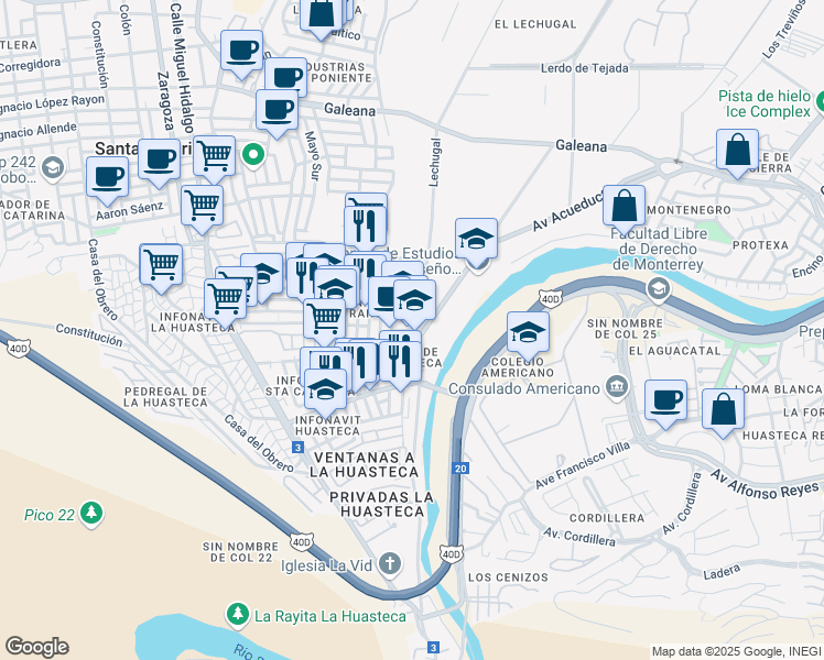 map of restaurants, bars, coffee shops, grocery stores, and more near Batallones Rojos in Santa Catarina