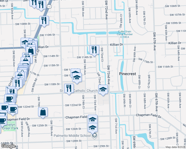 map of restaurants, bars, coffee shops, grocery stores, and more near 7331 Southwest 117th Terrace in Miami