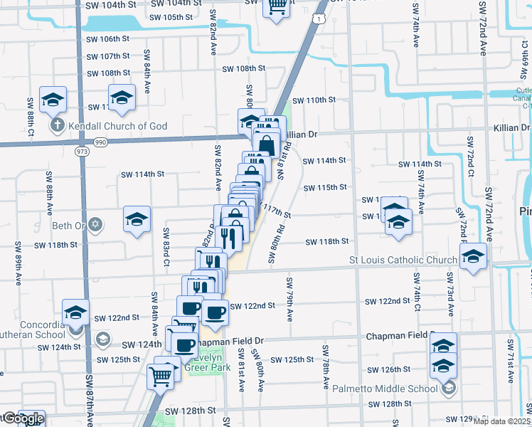 map of restaurants, bars, coffee shops, grocery stores, and more near 11713 Southwest 81st Road in Miami