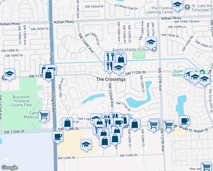 map of restaurants, bars, coffee shops, grocery stores, and more near 13252 Southwest 113th Terrace in Miami