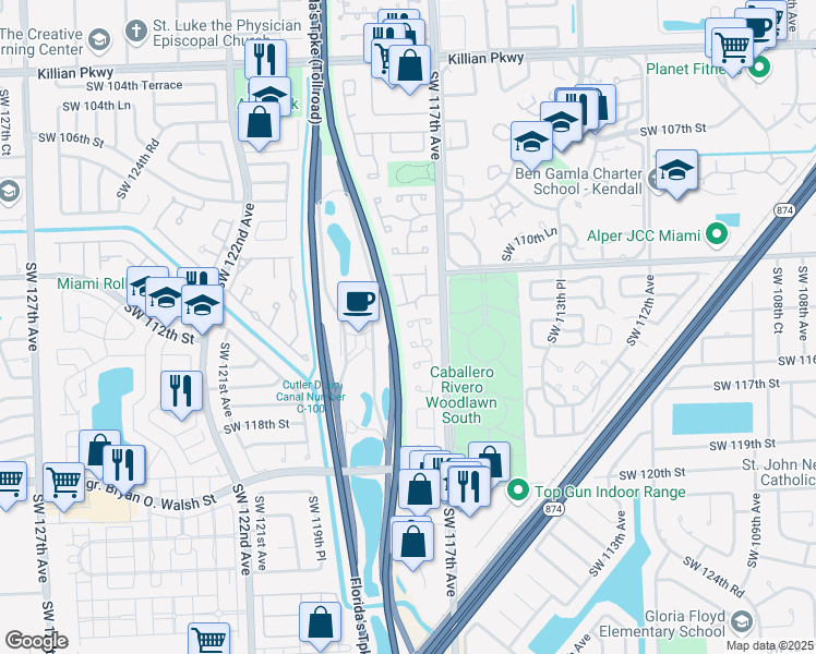 map of restaurants, bars, coffee shops, grocery stores, and more near 15069 Southwest 113th Terrace in Miami