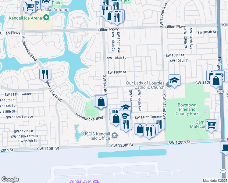map of restaurants, bars, coffee shops, grocery stores, and more near 14597 Southwest 113th Street in Miami