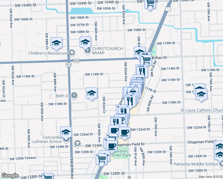map of restaurants, bars, coffee shops, grocery stores, and more near 8300 Southwest 116th Street in Miami