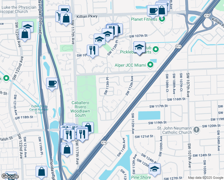 map of restaurants, bars, coffee shops, grocery stores, and more near 11314 Southwest 114th Circle Terrace in Miami