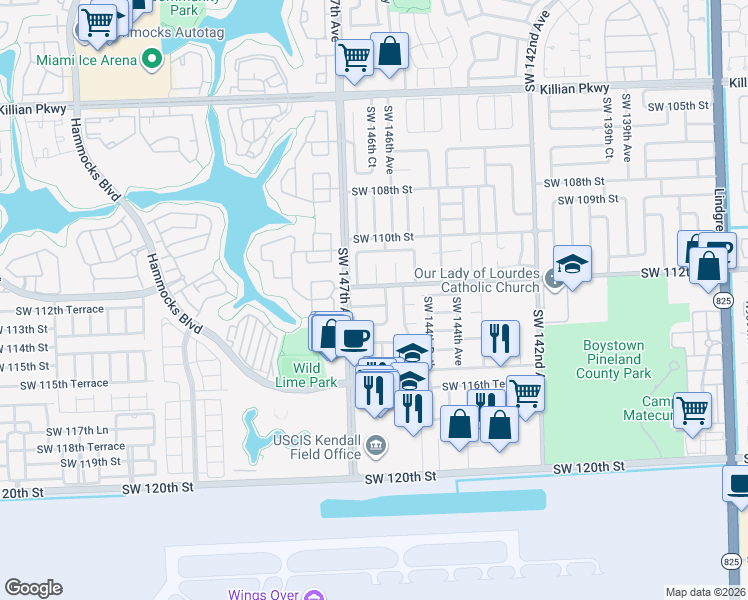 map of restaurants, bars, coffee shops, grocery stores, and more near 14597 Southwest 113th Street in Miami