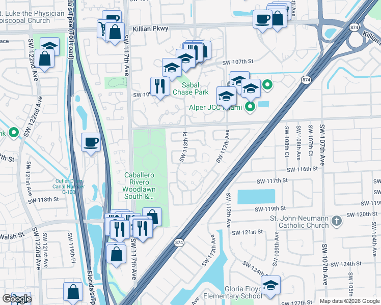 map of restaurants, bars, coffee shops, grocery stores, and more near 11341 Southwest 114th Circle Terrace in Miami