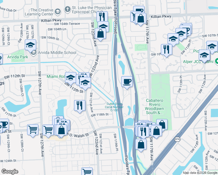 map of restaurants, bars, coffee shops, grocery stores, and more near 12020 Southwest 110th Street Circle East in Miami