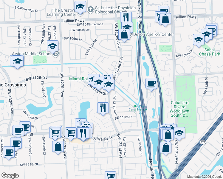 map of restaurants, bars, coffee shops, grocery stores, and more near 11540 Southwest 121st Avenue in Miami