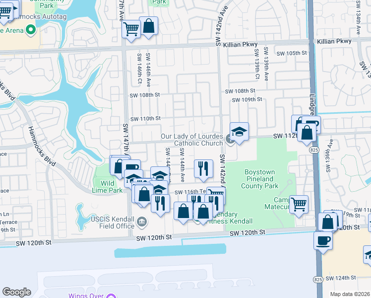 map of restaurants, bars, coffee shops, grocery stores, and more near 14353 Southwest 113th Terrace in Miami