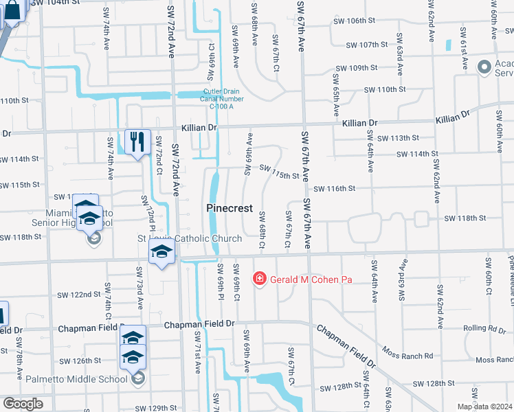 map of restaurants, bars, coffee shops, grocery stores, and more near 11700 Southwest 68th Court in Miami