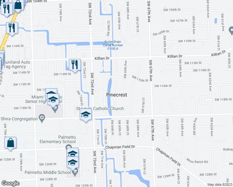 map of restaurants, bars, coffee shops, grocery stores, and more near 11701 Southwest 69th Court in Miami