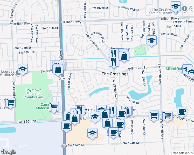 map of restaurants, bars, coffee shops, grocery stores, and more near 11342 Southwest 133rd Court in Miami