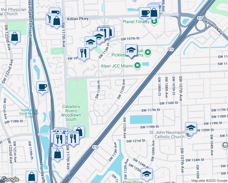 map of restaurants, bars, coffee shops, grocery stores, and more near 11212 Southwest 114th Lane Circle in Miami