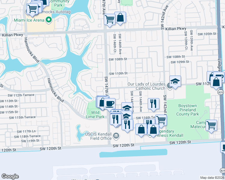 map of restaurants, bars, coffee shops, grocery stores, and more near 14618 Southwest 113th Street in Miami
