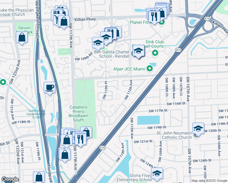 map of restaurants, bars, coffee shops, grocery stores, and more near 11212 Southwest 114th Lane Circle in Miami