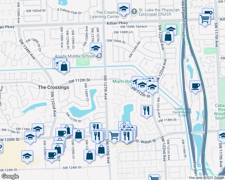 map of restaurants, bars, coffee shops, grocery stores, and more near 12510 Southwest 114th Terrace in Miami
