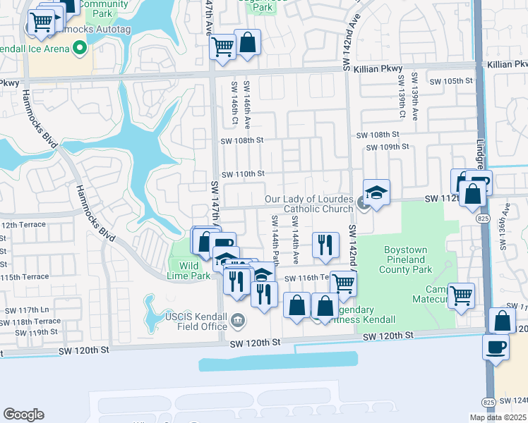 map of restaurants, bars, coffee shops, grocery stores, and more near 11310 Southwest 145th Avenue in Miami