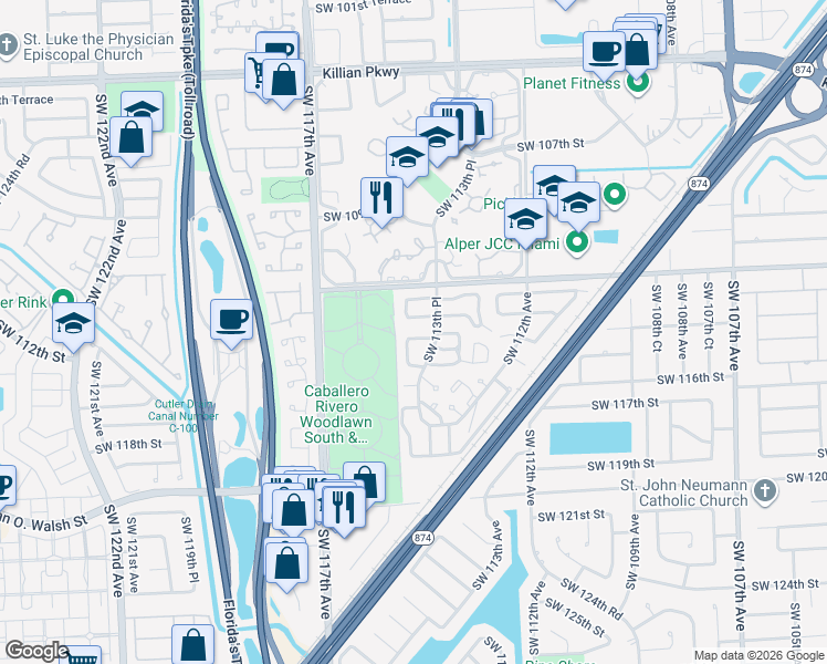 map of restaurants, bars, coffee shops, grocery stores, and more near 11411 Southwest 114th Street in Miami