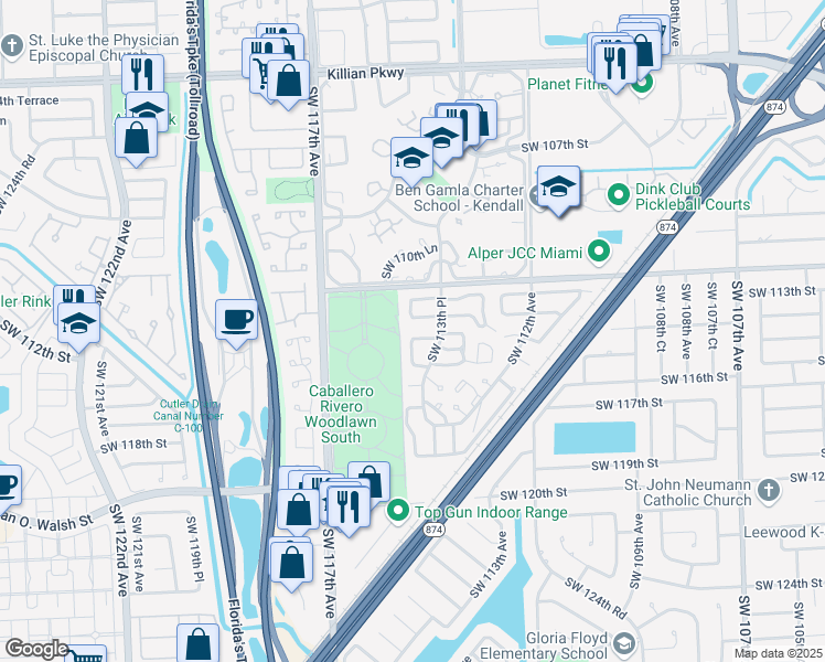 map of restaurants, bars, coffee shops, grocery stores, and more near 11427 Southwest 114th Street in Miami