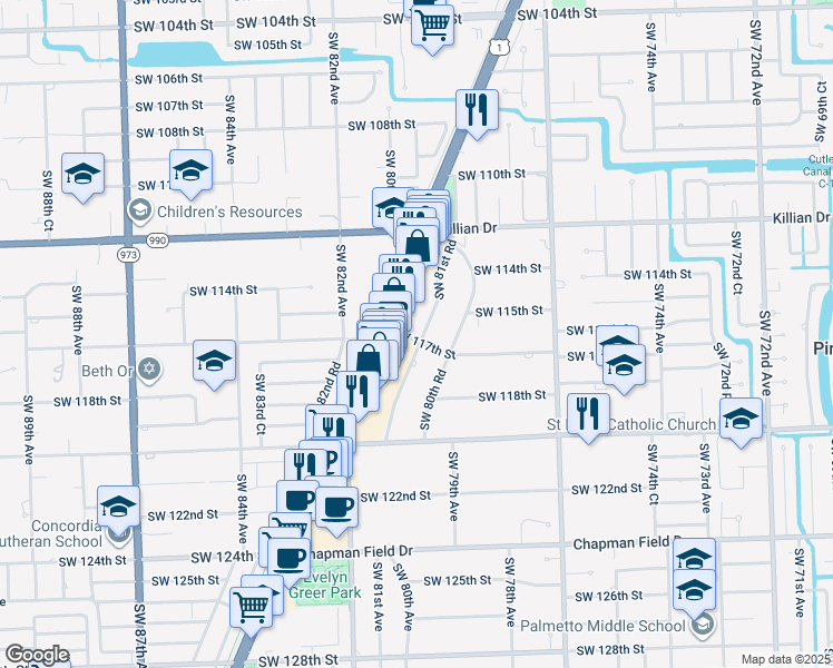 map of restaurants, bars, coffee shops, grocery stores, and more near 11502 Southwest 81st Road in Pinecrest