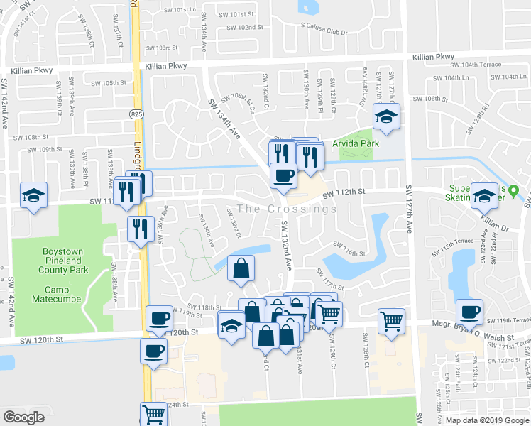 map of restaurants, bars, coffee shops, grocery stores, and more near 13236 Southwest 111th Terrace in Miami