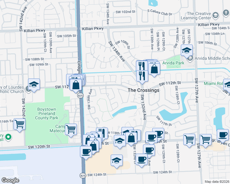 map of restaurants, bars, coffee shops, grocery stores, and more near 13381 Southwest 112th Lane in Miami