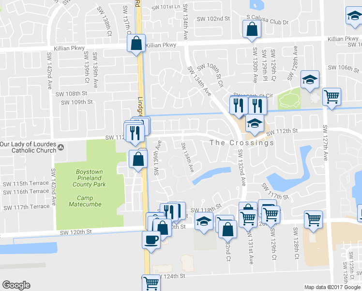 map of restaurants, bars, coffee shops, grocery stores, and more near 13381 Southwest 112th Lane in Miami
