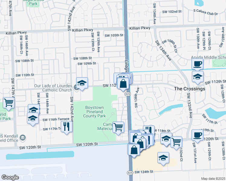 map of restaurants, bars, coffee shops, grocery stores, and more near 13830 Southwest 112th Street in Miami