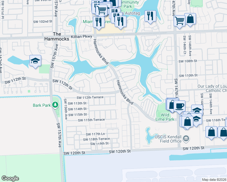 map of restaurants, bars, coffee shops, grocery stores, and more near 15293 Southwest 111th Street in Miami