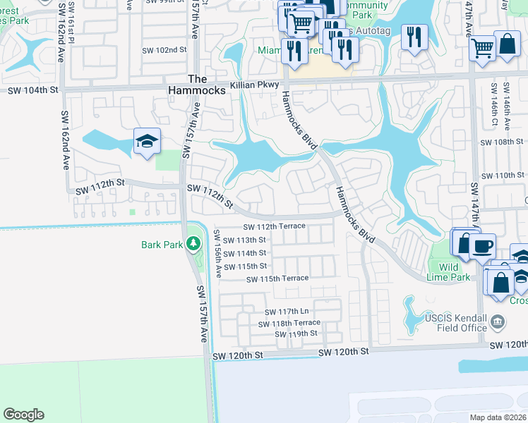 map of restaurants, bars, coffee shops, grocery stores, and more near 15447 Southwest 111th Lane in Miami