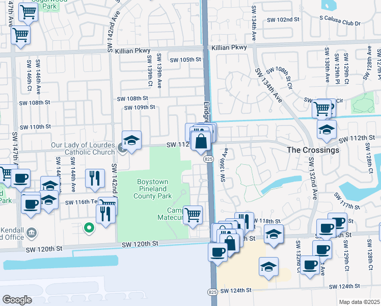 map of restaurants, bars, coffee shops, grocery stores, and more near 13830 Southwest 112th Street in Miami
