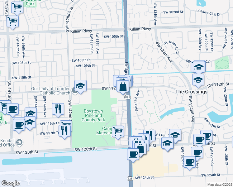 map of restaurants, bars, coffee shops, grocery stores, and more near 13830 Southwest 112th Street in Miami