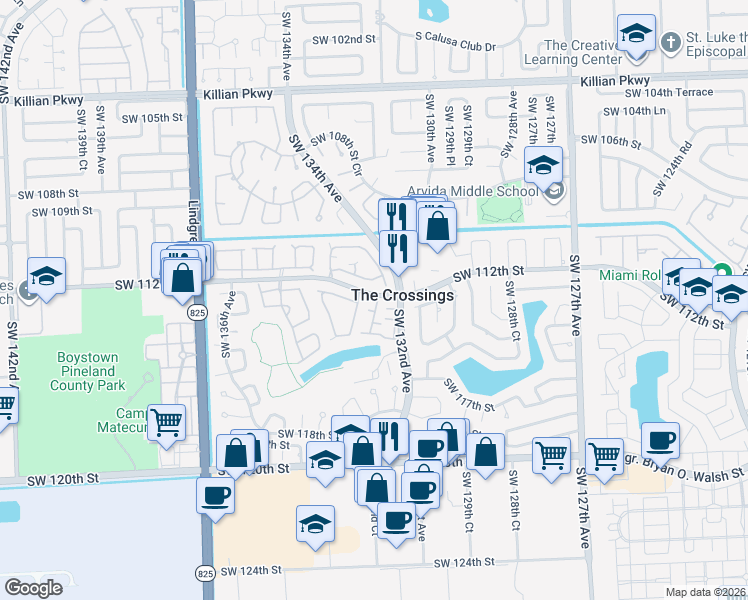 map of restaurants, bars, coffee shops, grocery stores, and more near 13236 Southwest 111th Terrace in Miami