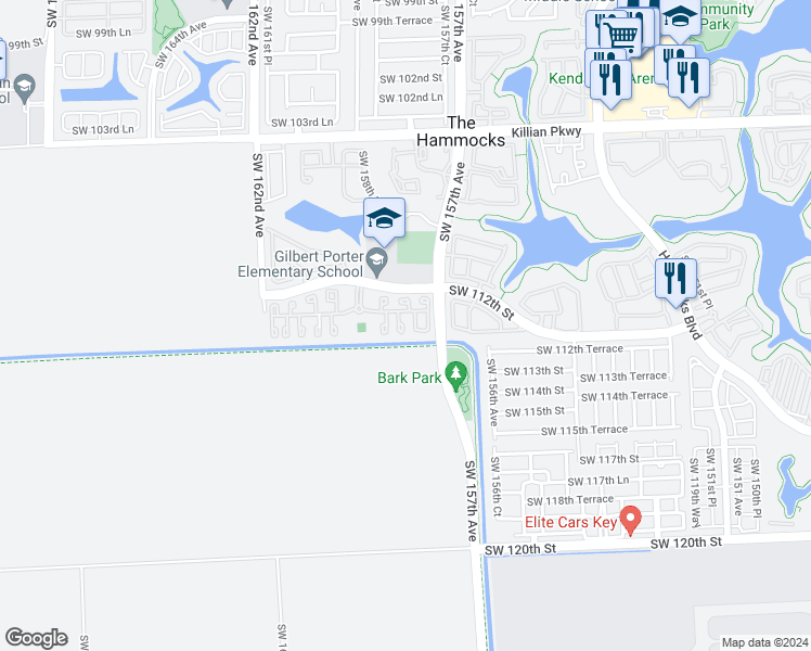 map of restaurants, bars, coffee shops, grocery stores, and more near 11335 Southwest 158th Court in Miami