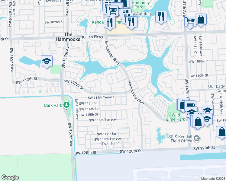 map of restaurants, bars, coffee shops, grocery stores, and more near 11036 Southwest 153rd Court in Miami