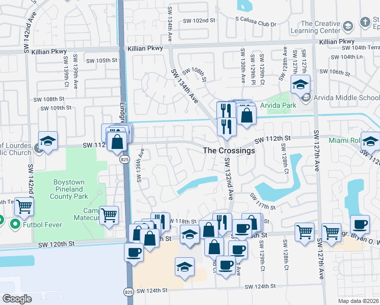 map of restaurants, bars, coffee shops, grocery stores, and more near 17 Southwest 132nd Place in Miami