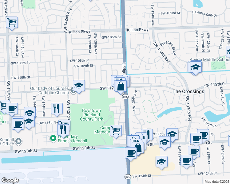 map of restaurants, bars, coffee shops, grocery stores, and more near 13830 Southwest 112th Street in Miami