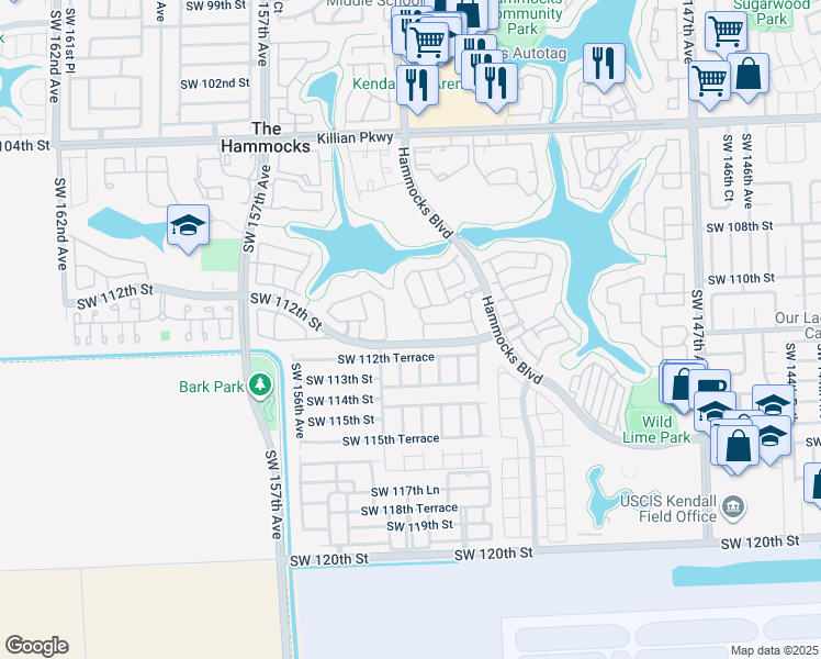 map of restaurants, bars, coffee shops, grocery stores, and more near 11036 Southwest 153rd Court in Miami