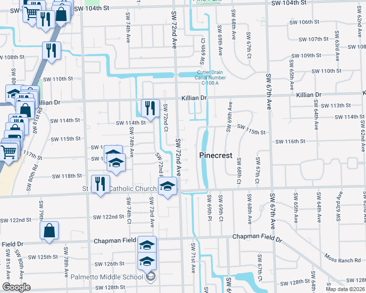 map of restaurants, bars, coffee shops, grocery stores, and more near 7135 Southwest 116th Terrace in Pinecrest