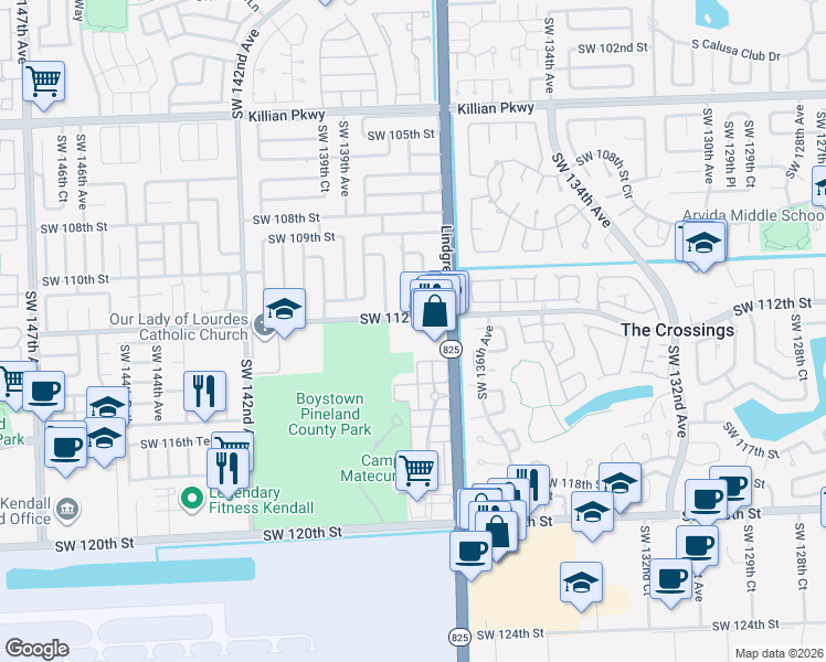 map of restaurants, bars, coffee shops, grocery stores, and more near 13830 Southwest 112th Street in Miami