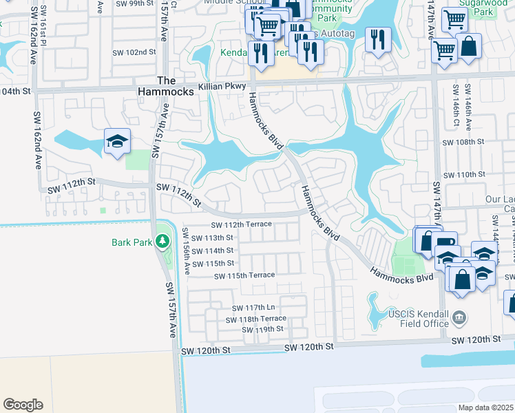 map of restaurants, bars, coffee shops, grocery stores, and more near 11036 Southwest 153rd Court in Miami
