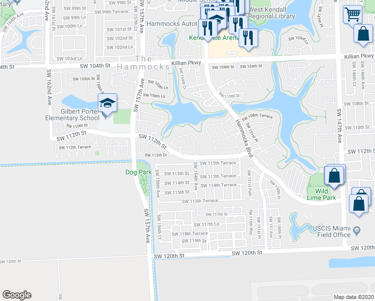 map of restaurants, bars, coffee shops, grocery stores, and more near 11111 Southwest 154th Place in Miami