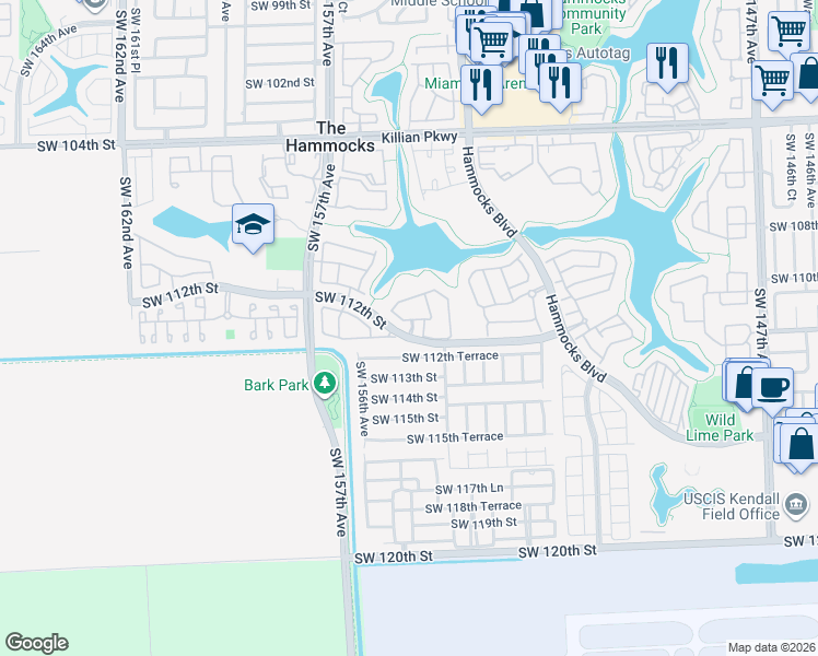 map of restaurants, bars, coffee shops, grocery stores, and more near 15539 Southwest 111th Terrace in Miami